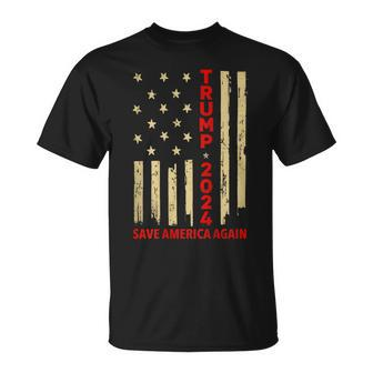 Donald Trump 2024 Save America Again American Flag On Back T-Shirt - Seseable