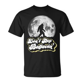 Don't Stop Believin' Bigfoot Retro Full Moon & Trees T-Shirt - Monsterry