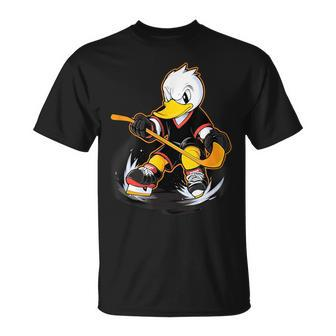 Duck Ice Hockey Player Hockey Stick Goalie T-Shirt - Seseable