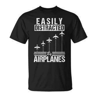 Easily Distracted By Airplanes Pilot Flying Present T-Shirt - Seseable