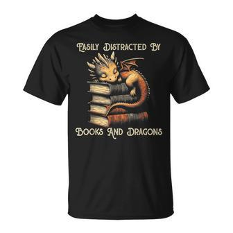 Easily Distracted By Books & Dragons Bookworm Reading T-Shirt - Seseable