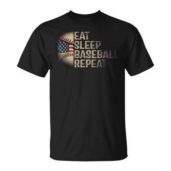 Eat Sleep Baseball Repeat Baseball Player Usa Flag Baseball T-Shirt - Seseable