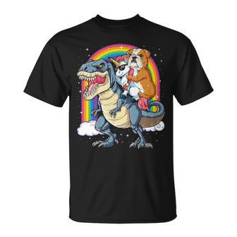 English Bulldog Unicorn Riding Dinosaur T Rex T-Shirt | Mazezy