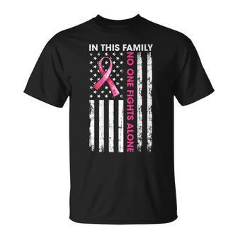 In This Family No One Fight Alone Breast Cancer On Back T-Shirt - Monsterry
