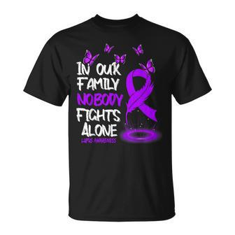 In Our Family Nobody Fights Alone Purple Ribbon Lupus T-Shirt | Mazezy