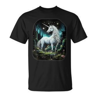 Fantasy White Unicorn Standing In Forest Stars T-Shirt - Seseable