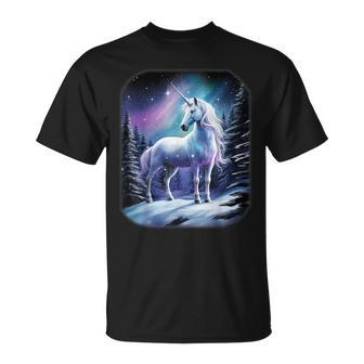 Fantasy White Unicorn Standing In The Snowy Forest T-Shirt - Monsterry AU