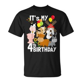 Farm Animals 4 Year Old It's My 4Th Birthday Party Farm T-Shirt - Monsterry