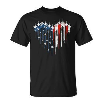 Fighter Jet Airplane American Flag Heart 4Th Of July Retro T-Shirt - Seseable