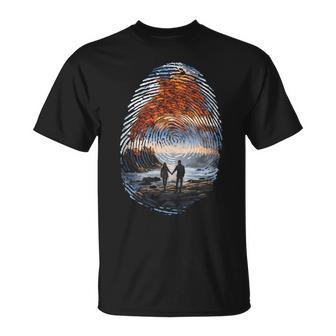 Fingerprint Waves Ocean Landscape Walking Figures T-Shirt - Monsterry