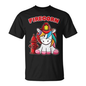 Firecorn Firefighter Unicorn With Red Fireman Helmet Fire T-Shirt - Monsterry DE