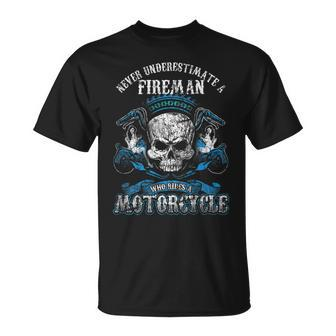 Fireman Biker Skull Never Underestimate Motorcycle T-Shirt - Monsterry