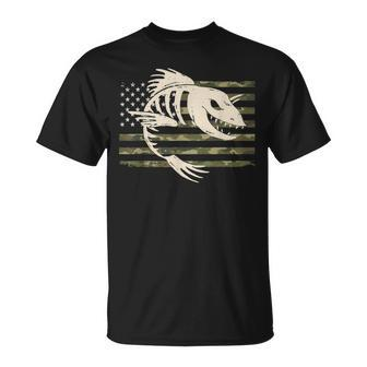 Fish Bones Skeleton Camo Us American Flag Camouflage Fishing T-Shirt - Monsterry