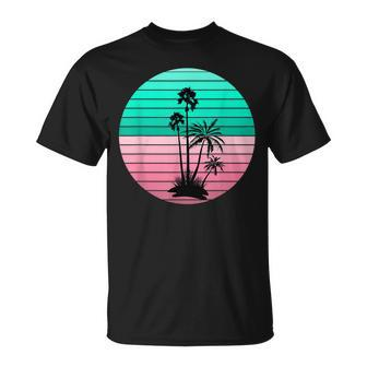 Flamingo Pink And Teal Palm Tree Sunset T-Shirt - Monsterry