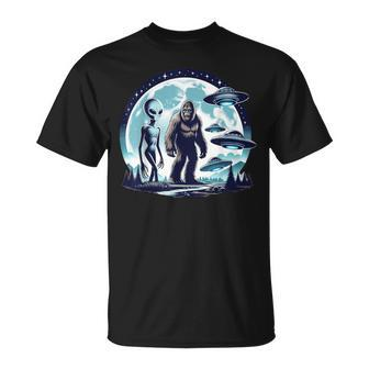 Bigfoot Sasquatch Alien Ufo Spacecraft Full Moon T-Shirt - Monsterry CA