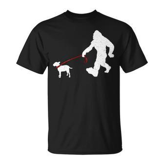 Bigfoot Walking With Bull Terrier Dog T-Shirt | Mazezy