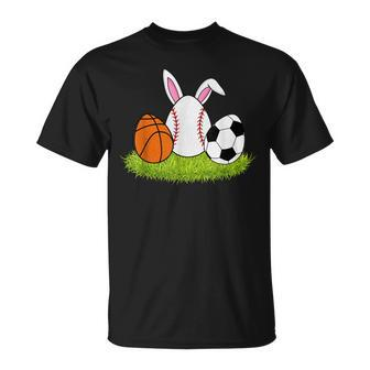 Easter Boys Baseball Basketball Soccer Bunnies Rabbit T-Shirt - Monsterry