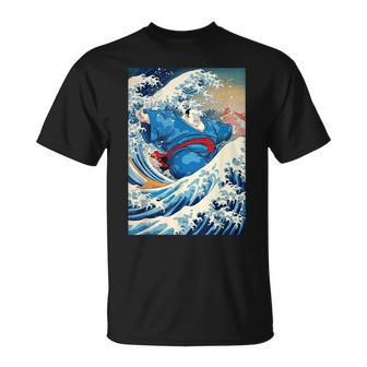 Kanagawa Great Wave With Sumo Wrestler Surfing T-Shirt - Monsterry