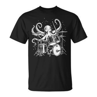 Octopus Playing Drums Drummer Musician Band Drumming T-Shirt - Monsterry