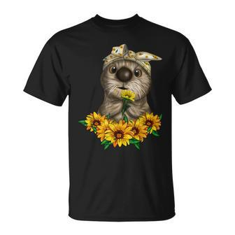 Otter Messy Bun Sunflower Girls Animal Lover T-Shirt - Thegiftio UK