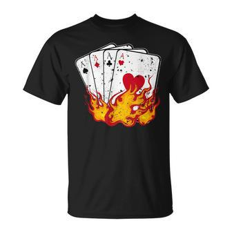 Poker 4 Aces Flames Texas Holdem Lucky Poker T-Shirt - Monsterry