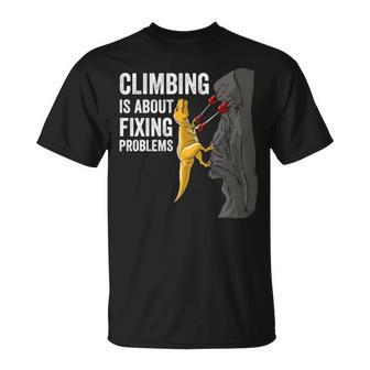 Rock Climbing T Rex Mountain Dinosaur T-Shirt | Mazezy