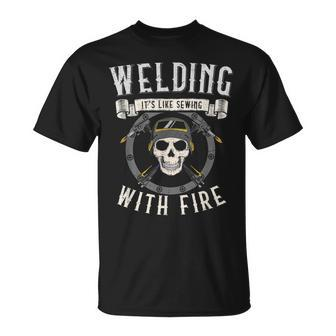 Slworker Skull Sewing With Fire Welder Hood Welding T-Shirt - Monsterry UK
