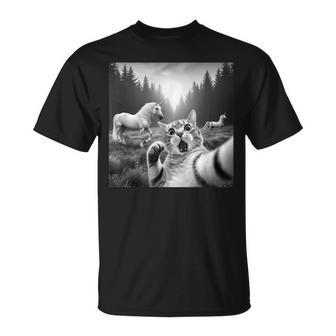 Surprised And Scared Cat Selfie With Unicorns T-Shirt - Monsterry