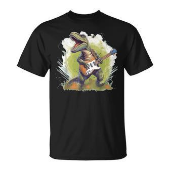 T Rex Dinosaurs With Cool Electric Guitar T-Shirt - Seseable