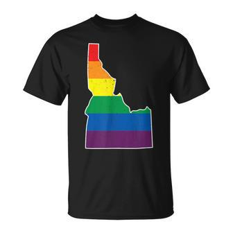 Gay Pride Flag Idaho State Map Rainbow Stripes T-Shirt - Monsterry