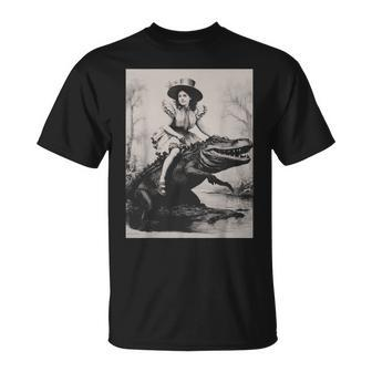 Girl Riding Alligator Weird Florida Crocodile Meme T-Shirt | Mazezy