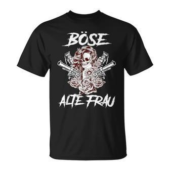 Gothic T-Shirt Schwarzes Böse Alte Frau Motiv mit Rosen und Schwertern - Seseable