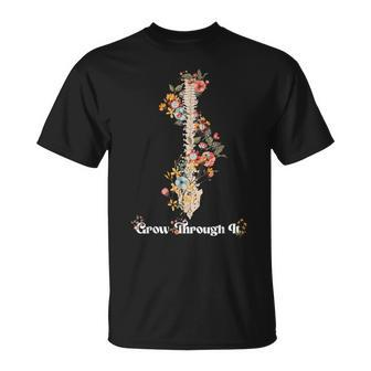 Grow Through It Floral Spine Positive Mental Health Warrior T-Shirt - Monsterry UK