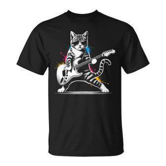 Guitar Cat Novelty Rock Music Band Concert Cat T-Shirt - Seseable