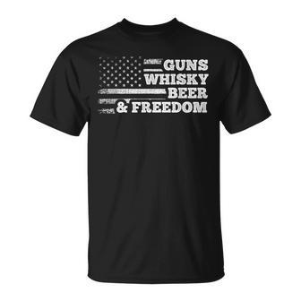 Guns Whisky Beer And Freedom American Flag Drinking T-Shirt - Monsterry