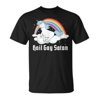 Hail Gay Satan Queer Pride Satanic Unicorn Rainbow Pentagram T-Shirt - Monsterry