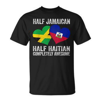 Half Jamaican Half Haitian Completely Awesome Heart Flag T-Shirt - Monsterry