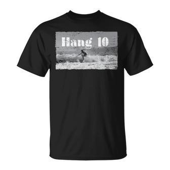 Hang 10 Surfer Riding Wave Retro Distressed T-Shirt | Mazezy