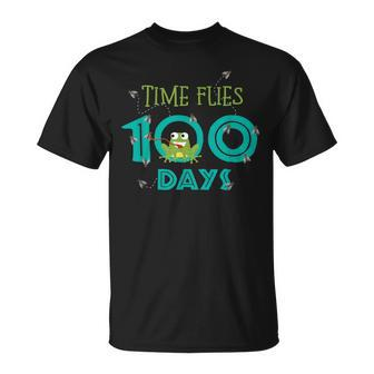 Happy 100Th Or 100 Days Of School Time Flies Frog Student T-Shirt - Monsterry DE