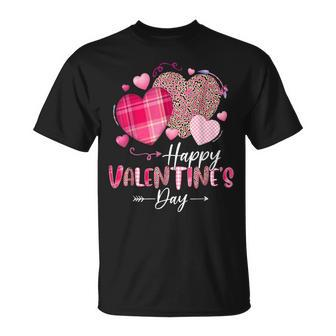 Happy Valentines Day Leopard And Plaid Hearts Girls Women T-Shirt - Monsterry