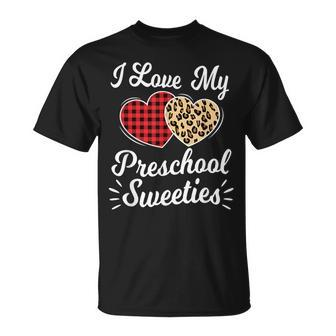 Heart Leopard Buffalo Plaid Valentines Day Preschool Teacher T-Shirt - Monsterry