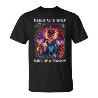 Heart Of Wolf Soul Of A Dragon Cool Dragon Wolf Warrior T-Shirt - Seseable