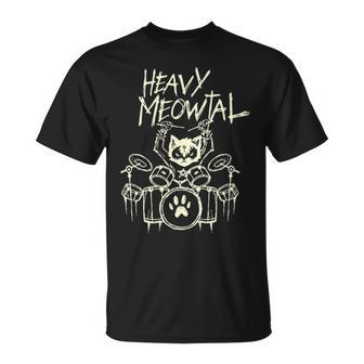 Heavy Metal Headbanger Drummer Cat Playing Drum Meowtal T-Shirt | Mazezy