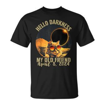 Hello Darkness My Old Friend Cat With Solar Eclipse Glasses T-Shirt | Mazezy