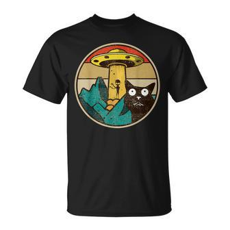 Herren T-Shirt mit Alien-UFO-Katzen, Vintage-Stil, Lustiges Design - Seseable