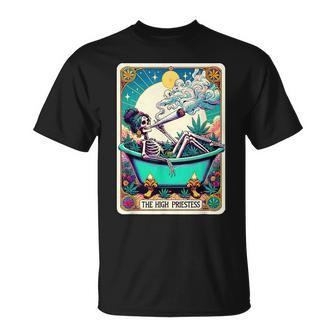 The High Pries-Tess Tarot Card 420 Cannabis Witchy Skeleton T-Shirt - Seseable