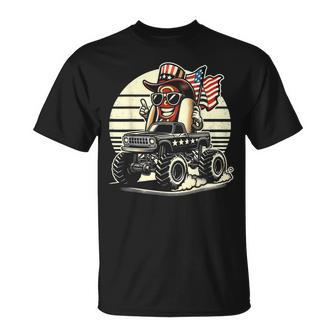 Hotdog Riding Monster Truck 4Th Of July Usa Flag Cute Hotdog T-Shirt - Monsterry DE