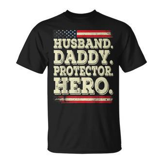 Husband Daddy Protector Hero With American Flag Fathers Day T-Shirt - Thegiftio UK