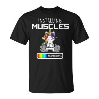 Installing Muscles Unicorn Loading Lifting T-Shirt - Monsterry UK