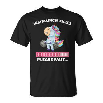 Installing Muscles Unicorn Weight Lifting Fitness Motivation T-Shirt - Monsterry CA